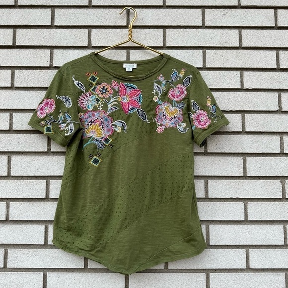 Sundance Safran Embroidered Short Sleeve Top Cedar Green - Picture 1 of 8